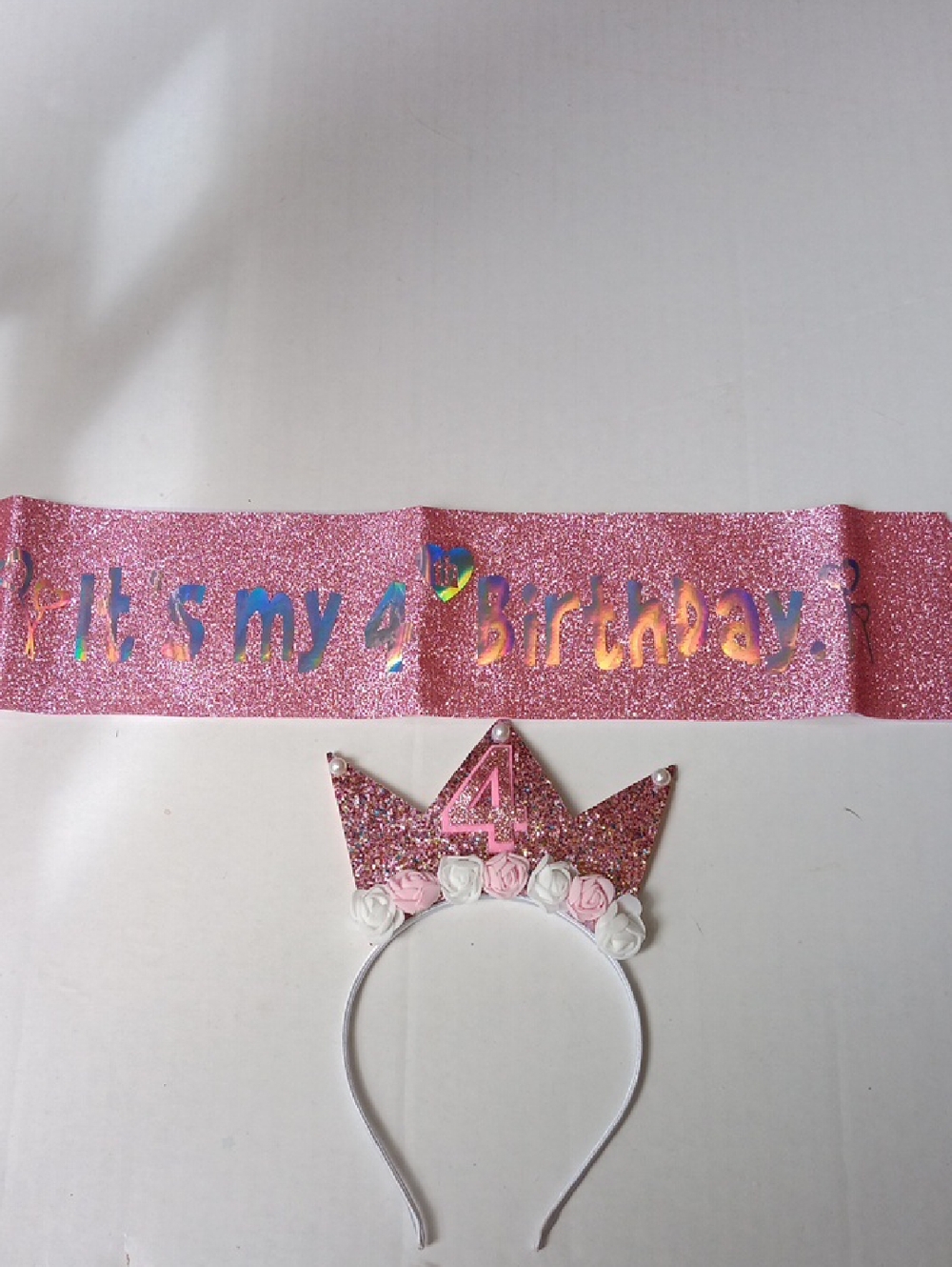 GIRLS  SPARKLE 'ITS MY 4TH BIRTHDAY' PINK CROWN WITH 4 HEADBAND & SASH SET